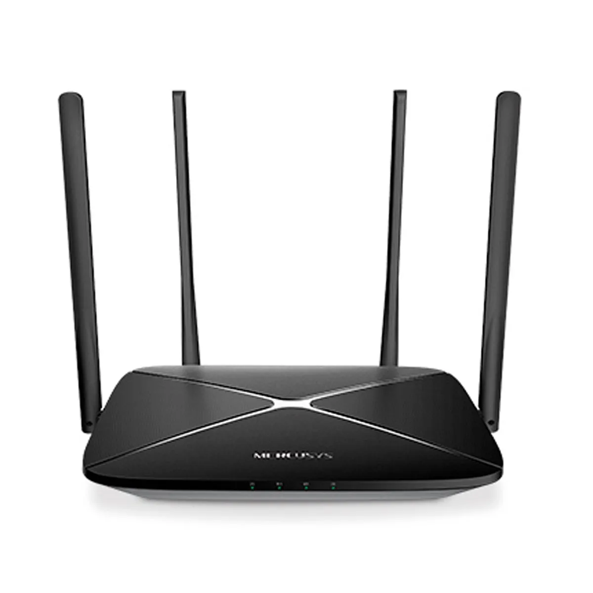 Mercusys AC12G Router Wireless AC 1200Mbps con cuatro Antenas Omnidireccionales Fijas de 5dBi en 2.4GHz y 5GHz simultáneo y puertos gigabit, diseñado para interiores.