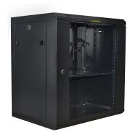 Connection MC126045635 Soporte Rack Bastidor Gabinete cerrado de pared  de 12u Rackeables de 19" bastidor estándar con puerta de vidrio con llave, bandeja de tamaño completo y ventilador preinstalado, fabricada en metal color Negro. No incluye accesorios.