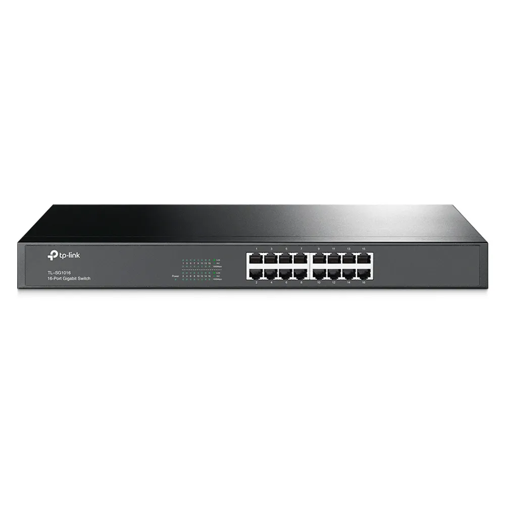 TP-Link TL-SG1016 switch conmutador rackeable de formato completo de 19" con 16 puertos gigabit con una capacidad máxima de 32Gbps. No administrable.