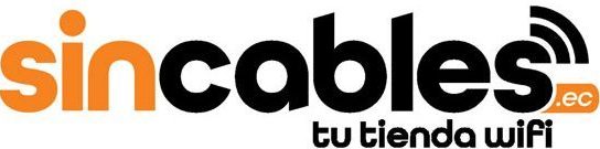 Logo de Sincables.ec, tu tienda wifi en naranja y negro. Icono de ondas de radio de antenas y dispositivos de red en negro saliendo desde la curva superior de la letra S final