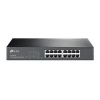 Switch de TP-Link TL-SG1016DE Smart de 16 Puertos Gigabit con carcasa metálica rackeable 19". Consumo de energía según longitud de cable y apagado automático de puertos no activos. Uso en interiores. color negro. vista frontal